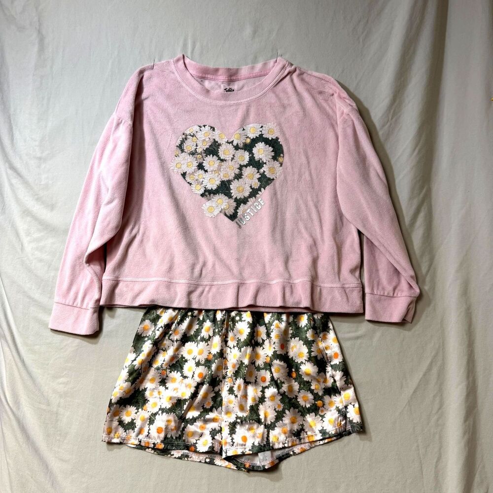 Justice Daisy Heart Pajama Set Pink Girl's Large 12-14 Soft Cozy Satin Fleece